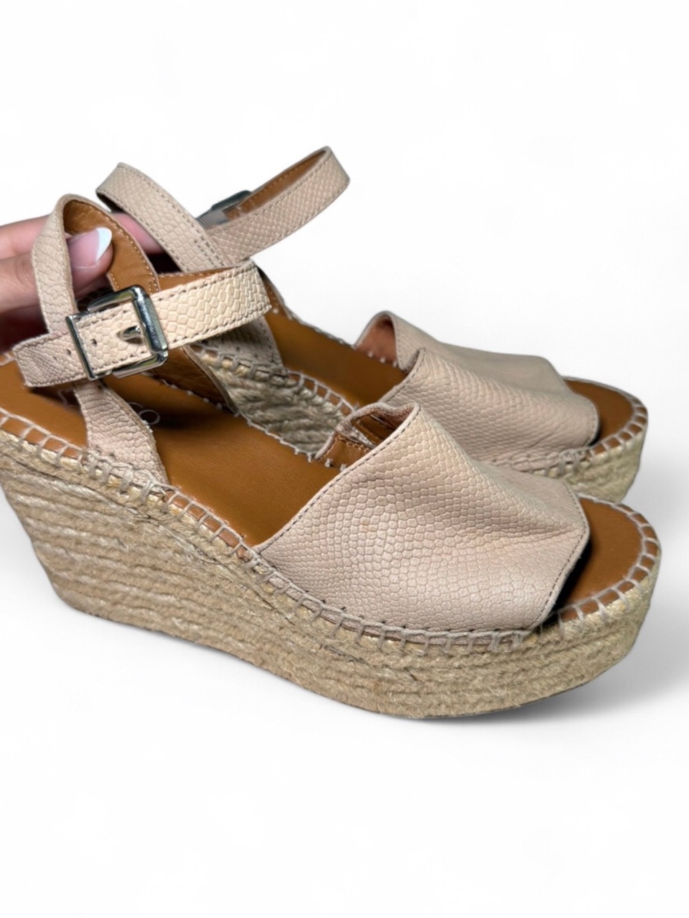 Franco Sarto Espadrille Summer Wedge Heel Sandals Nude Beige Leather Platform 6M